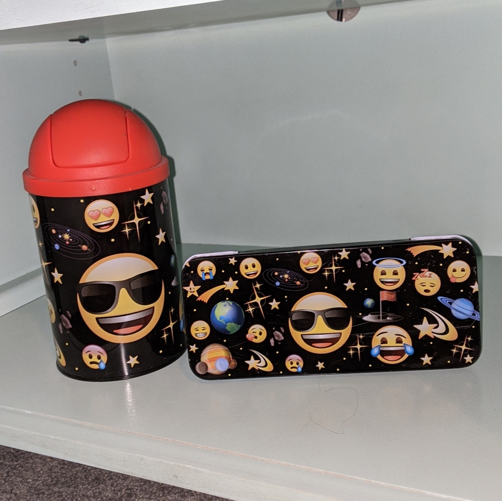 Emoji pencil case and mini trashcan